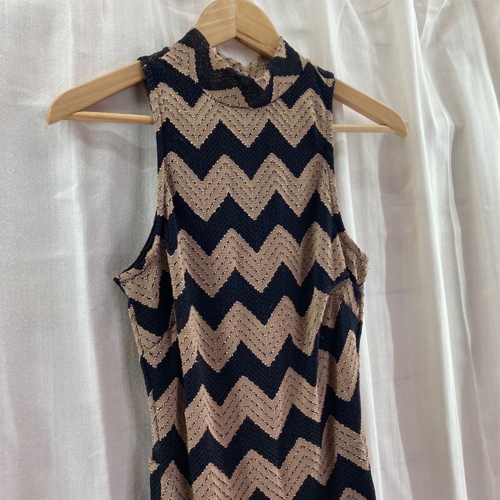 Privy Black & Beige Chevron Sleeveless‎ Mock Neck Maxi Dress - Open Back Small
